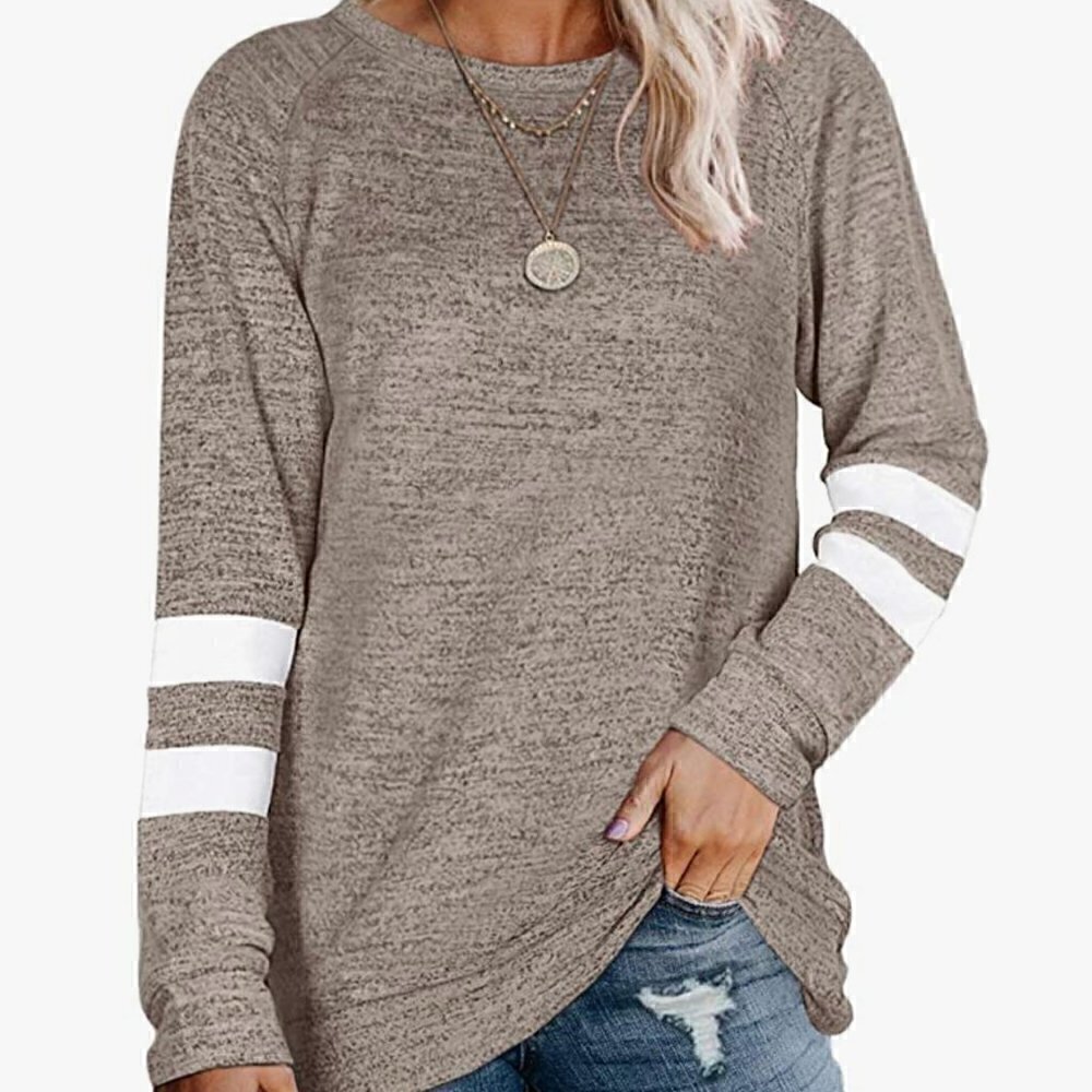 Women's Crew Neck Sweater Brown with Arm Stripes Size M NWOT